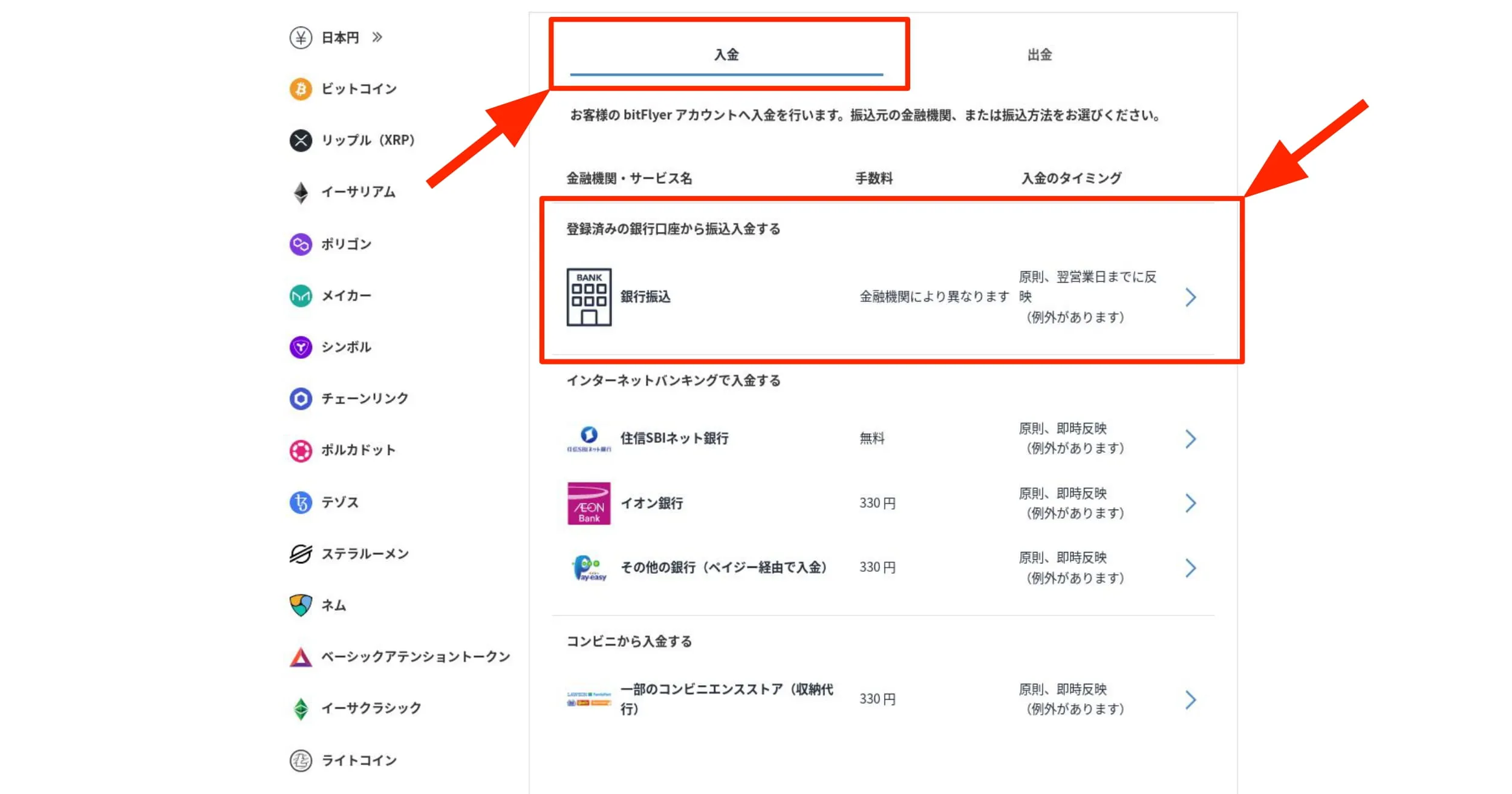 入金タブの「銀行振込」をクリックする