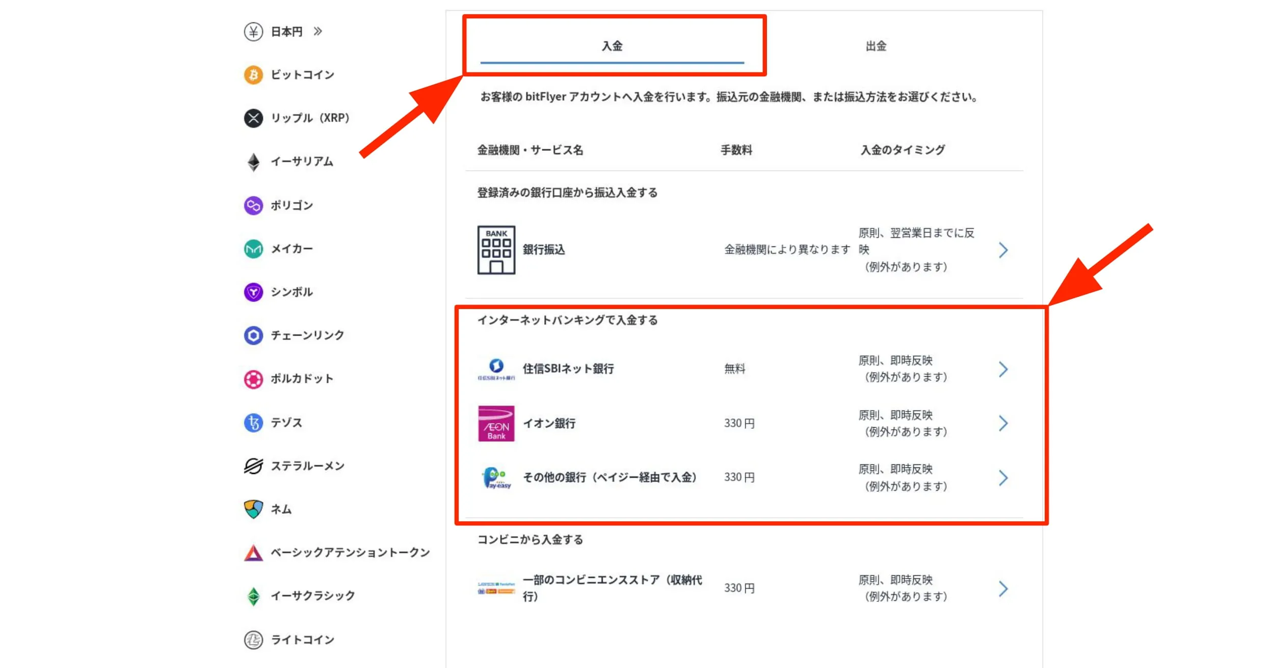 入金タブの3つから選択する