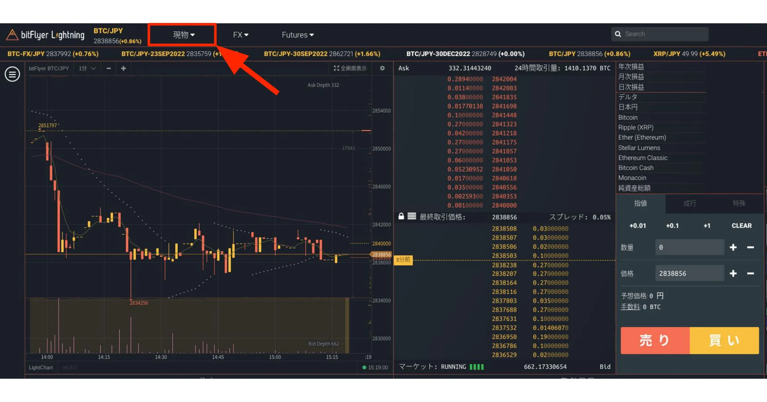 「現物」をクリックする